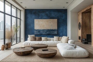 Poster - serene lounge area with a statement blue accent wall minimalist furniture in neutral tones complements the bold color large windows flood the space with natural light