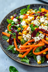 Wall Mural - Plate of vegetarian corn salad with feta cheese, carrot strips and beetroot strips