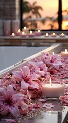 Poster - beautiful setup or orchid flowers and soap bars with candle for cosmetics and face wash natural 