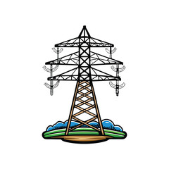 Minimalist vector illustration of a power transmission tower in a stylized landscape.