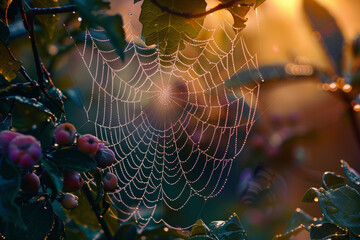 Wall Mural - Dew-Covered Spider Web in the Morning Light