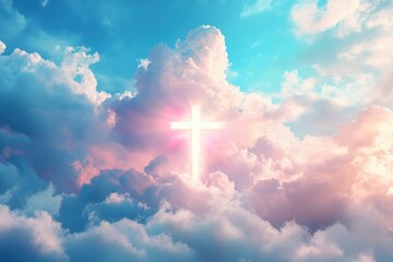 Wall Mural - Christian cross appeared bright in the sky with soft fluffy clouds, white, beautiful colors. With the light shining as hope, love and freedom in the sky background , ai