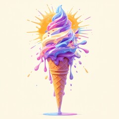 Wall Mural - Melting Rainbow Ice Cream Cone Illustration Generated with Ai