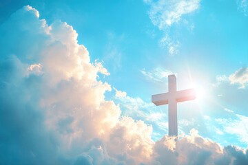 Christian cross appeared bright in the sky with soft fluffy clouds, white, beautiful colors. With the light shining as hope, love and freedom in the sky background , ai