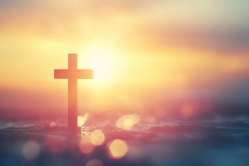 Copyspace Christian, Christianity, Religion background with blurry sunset , ai