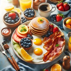 Delicious and Hearty Breakfast Plate with Pancakes, Bacon, Eggs, and Fruit