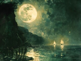 Wall Mural - Moonlit Coast with Silhouettes.