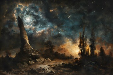 Wall Mural - Night Sky over a Forest with a Tall Rock.