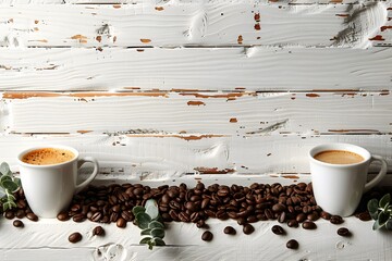 Rustic Coffee Break Two Cups of Espresso with Beans on Weathered Wood Background for Cafes, Menus, and Print Designs