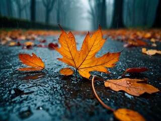 Wall Mural - Vibrant yellow, red and orange autumn maple  leaves laying on the wet asphalt road under the rain. Fall photo illustration wallpaper. Rainy weather season photography.	