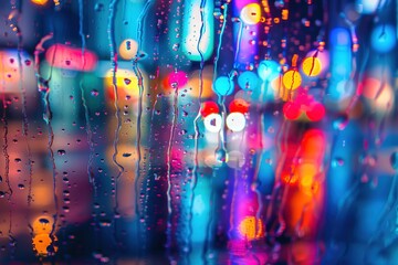 Canvas Print - A vibrant, colorful scene with raindrops on glass, creating a blurred urban atmosphere.