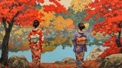 Sticker - A painting of two women in traditional japanese clothing standing by a lake, AI