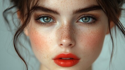 Poster - A young woman exudes beauty with green eyes, freckles, and bold red lips, all framed by soft, flowing hair in a serene setting