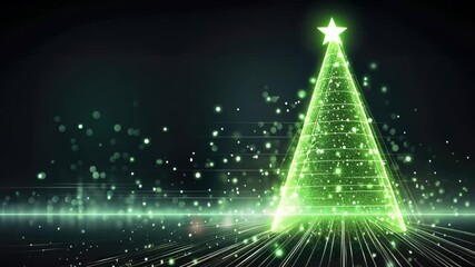 futuristic glowing green christmas tree , digital electronic programming neon code with green lines and dots, science and technology, Glowing rays with flickering particles , New year