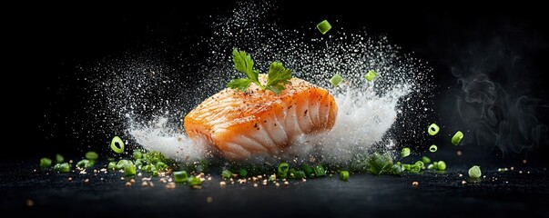 Culinary Composition of Miso-Glazed Black Cod Elements in Surreal Backlit Arrangement on Dark Background, Generative Ai