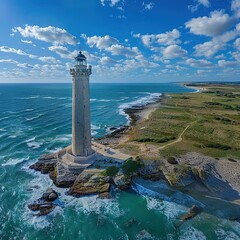 Wall Mural - A scenic lighthouse standing on a rocky shore, surrounded by vibrant ocean waves and greenery.