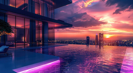 Aufkleber - Modern penthouse, high sky skyline, water, neon, sunset. Generative AI.