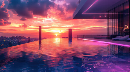 Aufkleber - Modern penthouse, high sky skyline, water, neon, sunset. Generative AI.