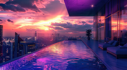 Aufkleber - Modern penthouse, high sky skyline, water, neon, sunset. Generative AI.