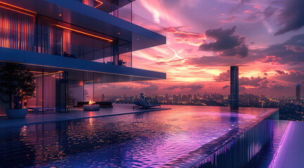 Aufkleber - Modern penthouse, high sky skyline, water, neon, sunset. Generative AI.