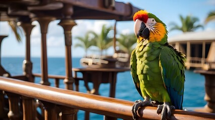 A pirate parrot perched in a tropical setting on the railing of a ship