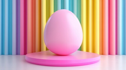 Poster - A pink egg on a pedestal in front of colorful striped walls, AI