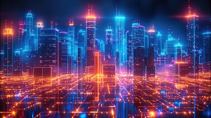 Aufkleber - Wireframe digital cityscape with glowing neon elements. Generative AI.