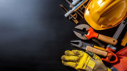 Top view of construction tools and safety gear, including a helmet, hammer, pliers, wrenches, and gloves, placed on a black background with ample space for text, ideal for online store advertising or 