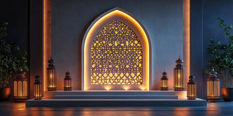 Wall Mural - Traditional arabic lanterns illuminating a stage with an ornate archway and arabic script glowing in the background. This design is perfect for mawlid al nabi celebrations. Banner. Copy space.