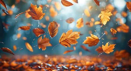 Poster - Falling leaves natural background. Generative AI.