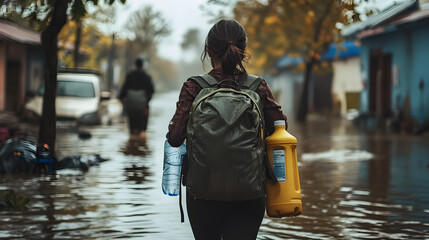 A woman is walking through a flooded street with a backpack on her back. She is carrying two water bottles