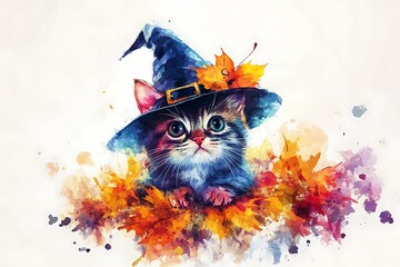  Watercolor Illustration of a Cute Kitten Wearing a Witch Hat with Fall Leaves.