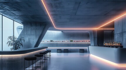 Leinwandbilder - Interior design of a bar, modern, architecture with sleek lines and geometric shapes, concrete. Generative AI.