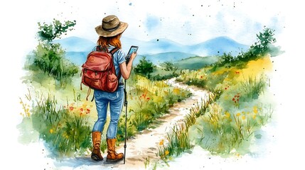 Poster - Watercolor Illustration of a Woman Hiking on a Trail in the Mountains.