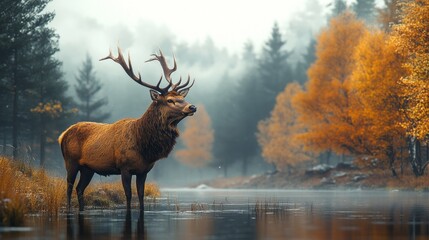 Poster - A magnificent stag poses in tranquil waters, surrounded by mist and golden autumn leaves, creating a breathtaking and peaceful atmosphere