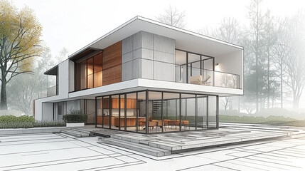 Leinwandbilder - An architectural blueprint with line drawing of a modern house, White background, blueprints, white lines. The design includes the exterior wall in gray color and interior walls with glass windows.