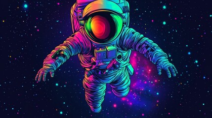 Wall Mural - Astronaut Floating in Space with Neon Glow - A vibrant astronaut floats through the cosmos, bathed in a mesmerizing neon glow, symbolizing the exploration of space, the beauty of the universe, and the