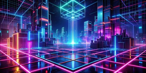 Cyberpunk Grid: Geometric shapes, neon lights, technological textures, futuristic urban setting