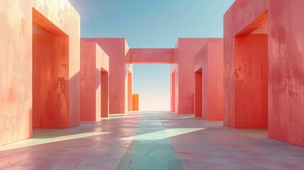 Aufkleber - Modern outdoor building with soft daylight, a empty square in the middle, with coral colored walls and a mint green concrete floor. Generative AI.