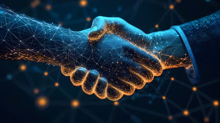 Wall Mural - Handshake in a digital style with network connections, symbolizing business collaboration and the use of blockchain technology for official documents