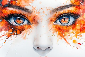 Poster - Watercolor Painting of a Woman's Eyes with Orange and Blue Colors.