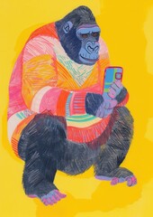 Poster - Gorilla is using a mobile phone Holding a mobile phone animal ape art.