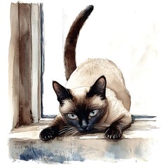 Sticker - Watercolor Illustration of a Siamese Cat Looking Out a Window.