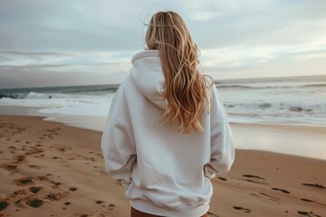 Poster - A person with long hair stands on a beach, facing the ocean with waves in the background.