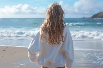 Poster - A woman stands on the beach, gazing at the ocean under a bright sky.