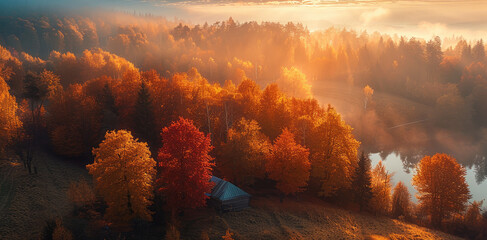 Poster - First days of autumn. taken from an elevated position. Generative AI.