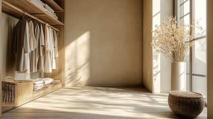 Poster - Soft sunlight filters through large windows, illuminating a minimalist closet filled with neatly arranged clothing and decorative elements, creating a peaceful ambiance