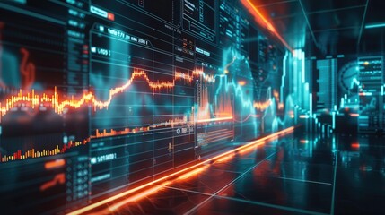 Poster - Economic downturn simulated in 3D, virtual losses for businesses, futuristic price fall visualized in neon. Generative AI.