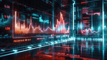 Poster - Economic downturn simulated in 3D, virtual losses for businesses, futuristic price fall visualized in neon. Generative AI.