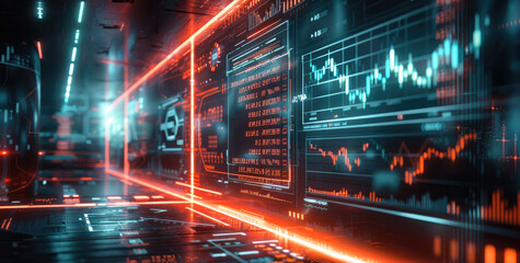 Aufkleber - Economic downturn simulated in 3D, virtual losses for businesses, futuristic price fall visualized in neon. Generative AI.
